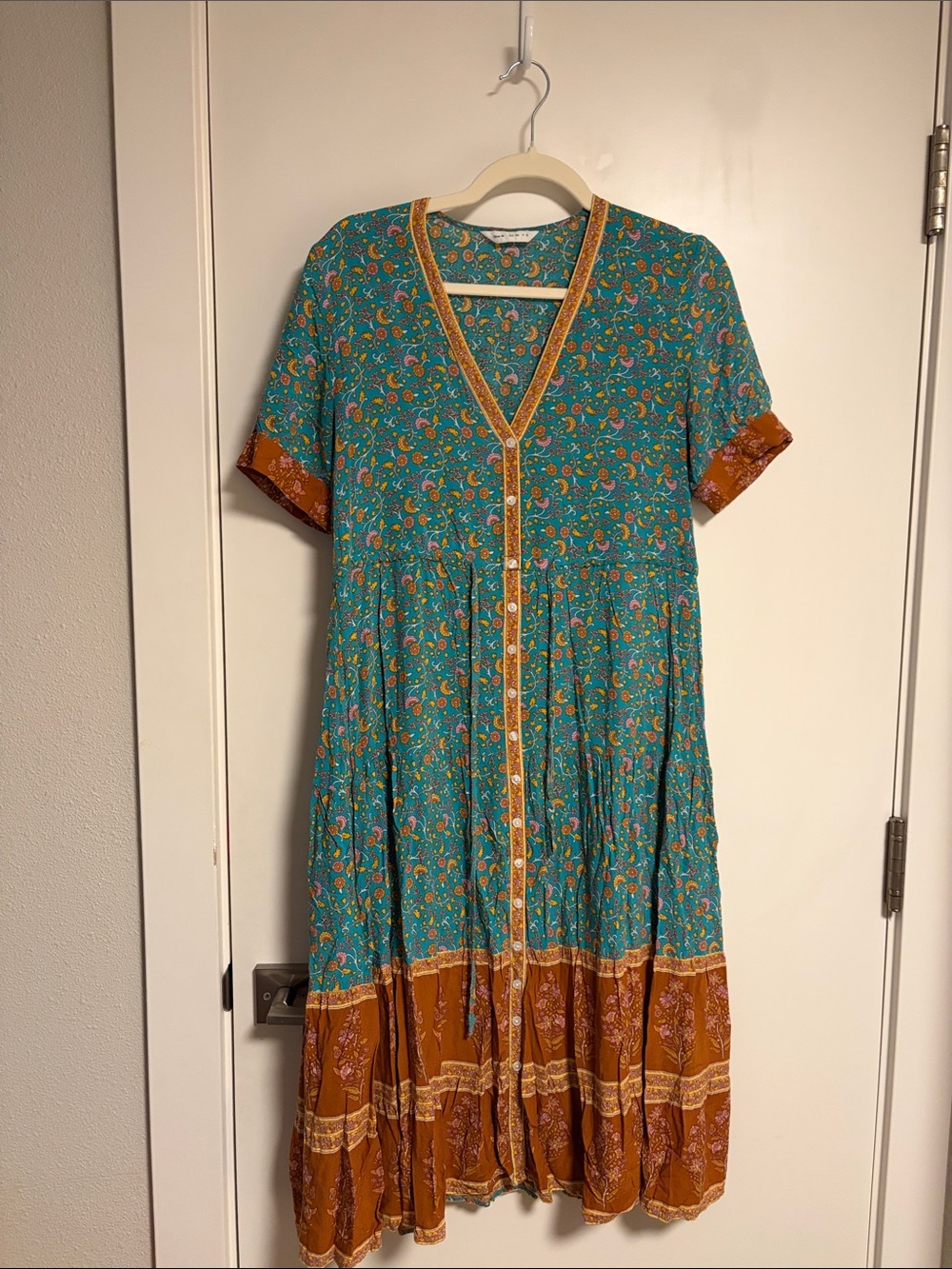 Teal & Rust Floral Button-Front Midi Dress